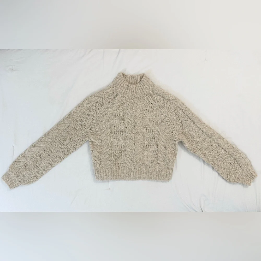 Sunday Best Cropped Cabled Knit Turtleneck Sweater - Beige/Tan - Picture 3 of 9